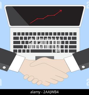 Imprenditore di handshake di accordo con la crescita di trend grafico sul display del computer portatile Illustrazione Vettoriale