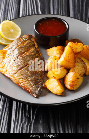 Grigliata di dorada filet con patate fritte e salse close-up su una piastra sul piano verticale. Foto Stock