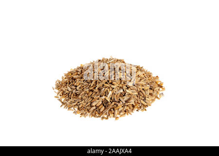 Pila di finocchio secco, Foeniculum vulgare semi isolato su sfondo bianco, utilizzato per fare il tè. Foto Stock