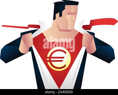 Il supereroe con euro segno sul petto pronto per l'azione, con l'eroe rosso costume sotto imprenditore blu suit illustrazione vettoriale. Illustrazione Vettoriale