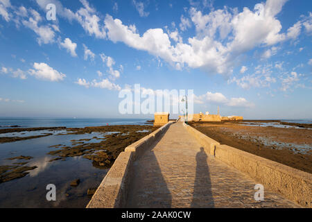 Paseo Fernando chinoni portando al Castillo de san sebastian a bassa marea nelle prime ore del mattino, Cadice, Andalusia, Spagna, Europa Foto Stock