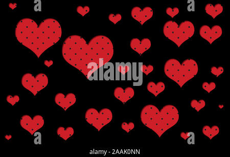 3D effetto illustrazione con più formati a pois cuori rossi su sfondo nero, perfetto come sfondo la camera da letto o decorazione di confezioni regalo Foto Stock
