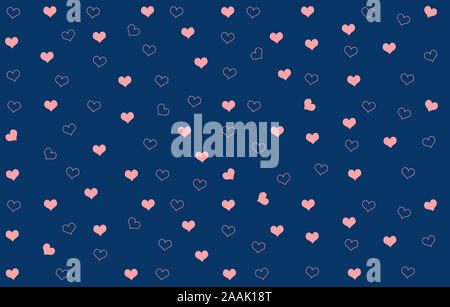 Configurazione astratta con sfondo blu e un po' di Cuori rosa, alcuni colori alcuni delineato, sparsi su tutta la superficie Foto Stock