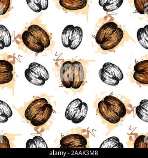 Modello senza giunture di mano il bozzetto di stile noci di cocco di mare isolato su sfondo bianco. Illustrazione Vettoriale. Illustrazione Vettoriale