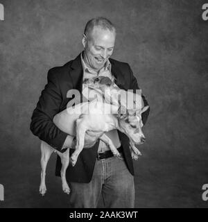 Studio ritratto di donna sorridente con Jack Russell Terrier e Chihuahua Foto Stock