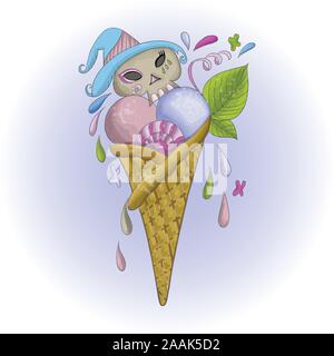 Illustrazione Vettoriale di gelato dessert in una coppa di cialda a forma di teschio di un elemento per la festa del giorno dei morti, Halloween. Illustrazione Vettoriale