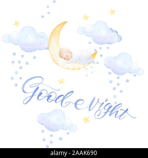 I ragazzi di stampe. Neonato sonno. Buona notte. Lettering. Nuvole volare, stelle. Acquerello. Fatto Pre-composizione. Sfondo bianco. La qualità di stampa. Foto Stock