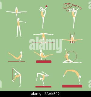 Ginnastica e atletica pone le posizioni delle icone. Illustrazione Vettoriale cartoon. Illustrazione Vettoriale