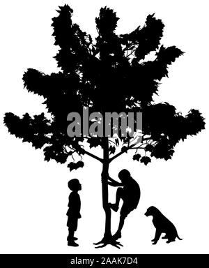 Due migliori amici ragazzi piccoli con il cane. Un ragazzo salendo su un albero mentre un altro in piedi e guardando con wow espressione faccia al suo amico alpinista. Illustrazione Vettoriale