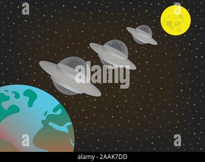 Tre alien UFO Extraterrestrial astronavi battenti in una riga sopra e tra la terra e la luna. Ufo battenti piattini in bilico nel cielo notturno. Illustrazione Vettoriale
