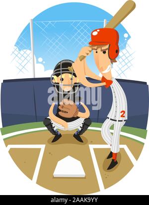 Pastella di Baseball Batting con Catcher illustrazione vettoriale. Illustrazione Vettoriale