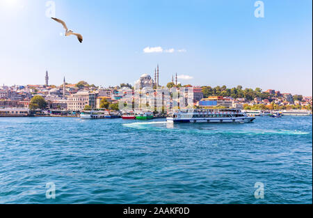 Il molo Eminonu, la Moschea di Suleymaniye e del Bosforo, Istanbul Visualizza Foto Stock