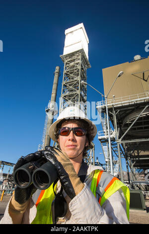 Andrea Wuenschel, uno dei 50 biologi lavorando al Ivanpah Solar Thermal Power Plant in California''s Mojave Desert. Ivanpah è attualmente il grande Foto Stock