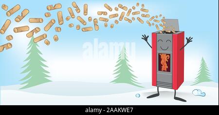 Legno Stufa pellett cartoon sul Natale sfondo banner Illustrazione Vettoriale