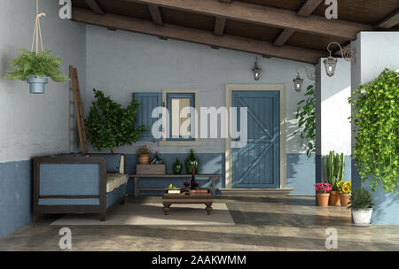 Portico in stile mediterraneo con sportello anteriore, ,vintage divano e vecchie mura- 3d rendering Foto Stock