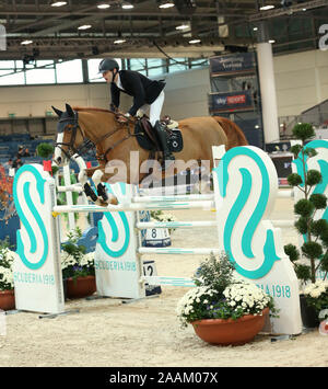 VERONA, Italia - NOV 09: Pieter Devos per il Belgio si fanno concorrenza a livello franco Tucci, durante l'evento Longines FEI Jumping World Cup 2019 a Verona Foto Stock