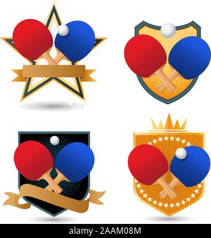 Ping pong emblema dorato con racchette e corona a sfera forma a stella illustrazione vettoriale. Illustrazione Vettoriale