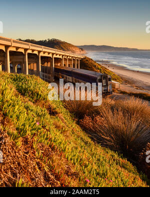 Passeggeri Amtrak locomotiva diesel viaggi costieri lungo i binari della ferrovia sotto il ponte, Torrey Pines State Park nel retro, La Jolla, California, Stati Uniti d'America Foto Stock