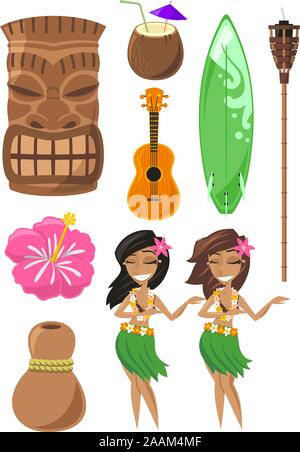 Hawaiian, Hawaii Set con tiki, Tiki God, ballerina di hula, scheda, tavola da surf, ukelele, noce di cocco. Illustrazione Vettoriale cartoon. Illustrazione Vettoriale