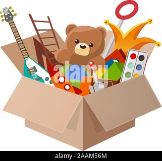 Toy Box, con Teddy Bear, chitarra, palla, acquerello, clown, robot. Illustrazione Vettoriale cartoon. Illustrazione Vettoriale