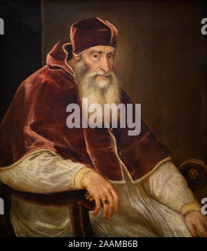 "Papa Paolo III. Farnese' (dopo il 1546) da Tiziano's workshop (considerato una replica). Kunsthistorisches Museum (Museo di Storia dell'arte) di Vienna in Austria. Foto Stock