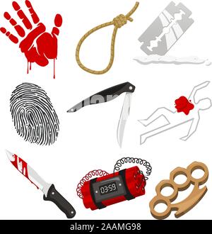 Criminologia criminalità polizia inchiesta scena, con sangue, mano sanguinosa e cruenta corpo, coltello insanguinato, Finger Print, impronte digitali, coltello. Illustrazione Vettoriale