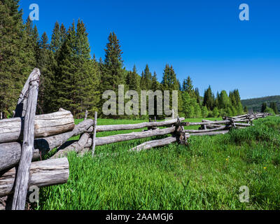 Recinzione di registro, Dallas Creek Road, County Road 7, San Juan Mountains vicino Ridgway, Colorado. Foto Stock