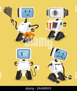 Set di robot con felice mangiare popcorn ricarica robot triste illustrazione vettoriale. Illustrazione Vettoriale