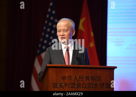 Washington, DC, Stati Uniti d'America. Xxi Nov, 2019. Ambasciatore cinese negli Stati Uniti cui Tiankai offre un intervento durante il quarantesimo anniversario della Cina-USA scambio studenti in Washington, DC, Stati Uniti, nov. 21, 2019. Credito: Liu Jie/Xinhua/Alamy Live News Foto Stock