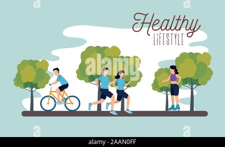 Uno stile di vita sano poster con gli atleti in posizione di parcheggio Illustrazione Vettoriale