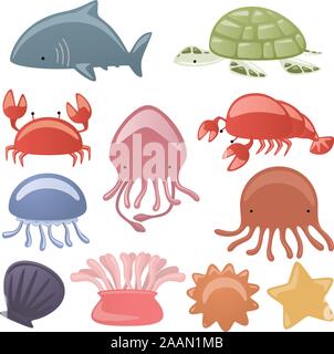 Vari Sea life animali squali, tartarughe, scrub, polpo, ostrica, dragonfly, shell, aragosta, starfish illustrazione vettoriale. Illustrazione Vettoriale