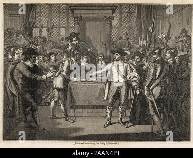 Oliver Cromwell e la sua tonda truppe sciogliendo il parlamento scamone, 20 aprile 1653. Cromwell sciogliendo il parlamento molto. Woodblock incisione di J. Jackson dopo Benjamin West da Penny Magazine, della società per la diffusione di conoscenze utili, stampato da William Clowes, Lambeth, 1833. Foto Stock