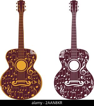Silhouette stilizzata di un abstract chitarra con note musicali. Illustrazione Vettoriale