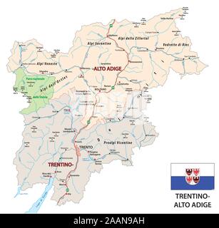 La mappa stradale di la regione italiana Trentino Alto Adige con bandiera Illustrazione Vettoriale