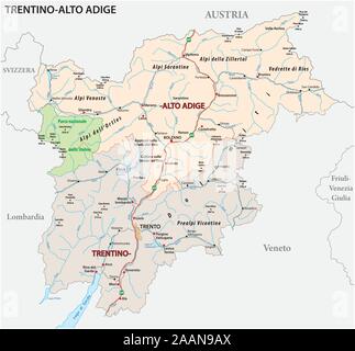 La mappa stradale di la regione italiana Trentino Alto Adige Illustrazione Vettoriale