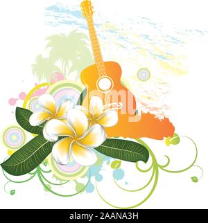 Abstract sfondo tropicale con palme, plumeria bianco fiori e chitarra. Illustrazione Vettoriale