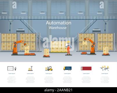 Automazione ed infografico magazzino con il lavoratore e attrezzature design piatto illustrazione vettoriale Illustrazione Vettoriale