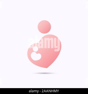 Semplificate il simbolo rosa di gravidanza madre con bambino in forma di cuore con teste, in stick figura style Illustrazione Vettoriale