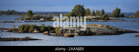 Vista da un luogo in Mellerud. Le formazioni rocciose e le piccole isole coperte da alberi. Riva del Lago Vanern Foto Stock