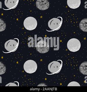 Disegnata a mano universo seamless pattern vettore lo sfondo è blu e grigio pianeti stelle forme cosmico. Illustrazione Vettoriale