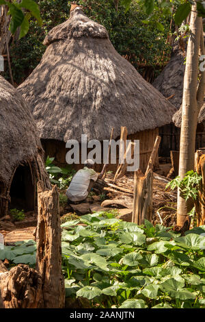 Etiopia, Karat-Konso, Gamole Walled Village, l uomo il taglio di legna da ardere dentro casa composto Foto Stock