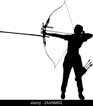 Silhouette donna attraente archer la curvatura di un arco e mirando nel bersaglio. Illustrazione Vettoriale