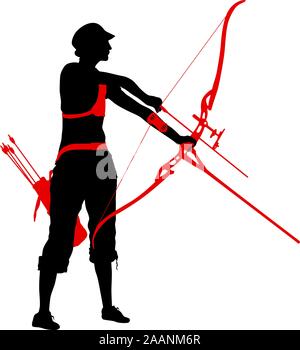 Silhouette donna attraente archer la curvatura di un arco e mirando nel bersaglio. Illustrazione Vettoriale