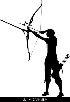 Silhouette donna attraente archer la curvatura di un arco e mirando nel bersaglio. Illustrazione Vettoriale