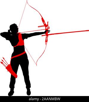 Silhouette donna attraente archer la curvatura di un arco e mirando nel bersaglio. Illustrazione Vettoriale