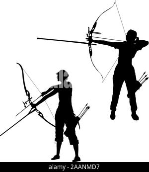 Impostare silhouette femmina attraente archer la curvatura di un arco e mirando nel bersaglio. Illustrazione Vettoriale