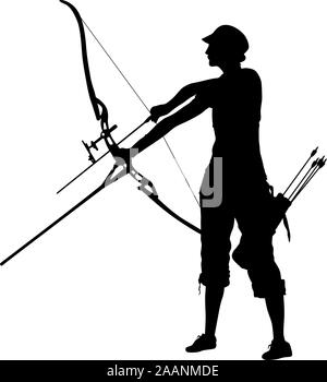 Silhouette donna attraente archer la curvatura di un arco e mirando nel bersaglio. Illustrazione Vettoriale