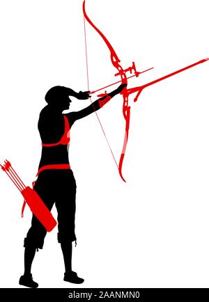 Silhouette donna attraente archer la curvatura di un arco e mirando nel bersaglio. Illustrazione Vettoriale