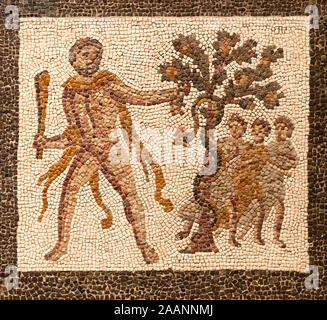 Mosaico raffigurante un dio Ercole in lotta con un serpente, figura di colore marrone su un bianco piastrelle di piccole dimensioni sullo sfondo Foto Stock