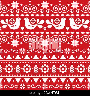 Natale scandinavo carino seamless pattern vettore folk art style, ripetitive inverno Retrò design nordico con uccelli, alberi di Natale, fiocchi e Illustrazione Vettoriale